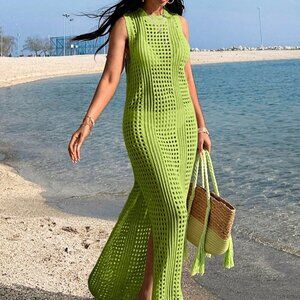 Lime Green Boho Women's Crochet Knit Sleeveless Maxi Cover-Up Dress